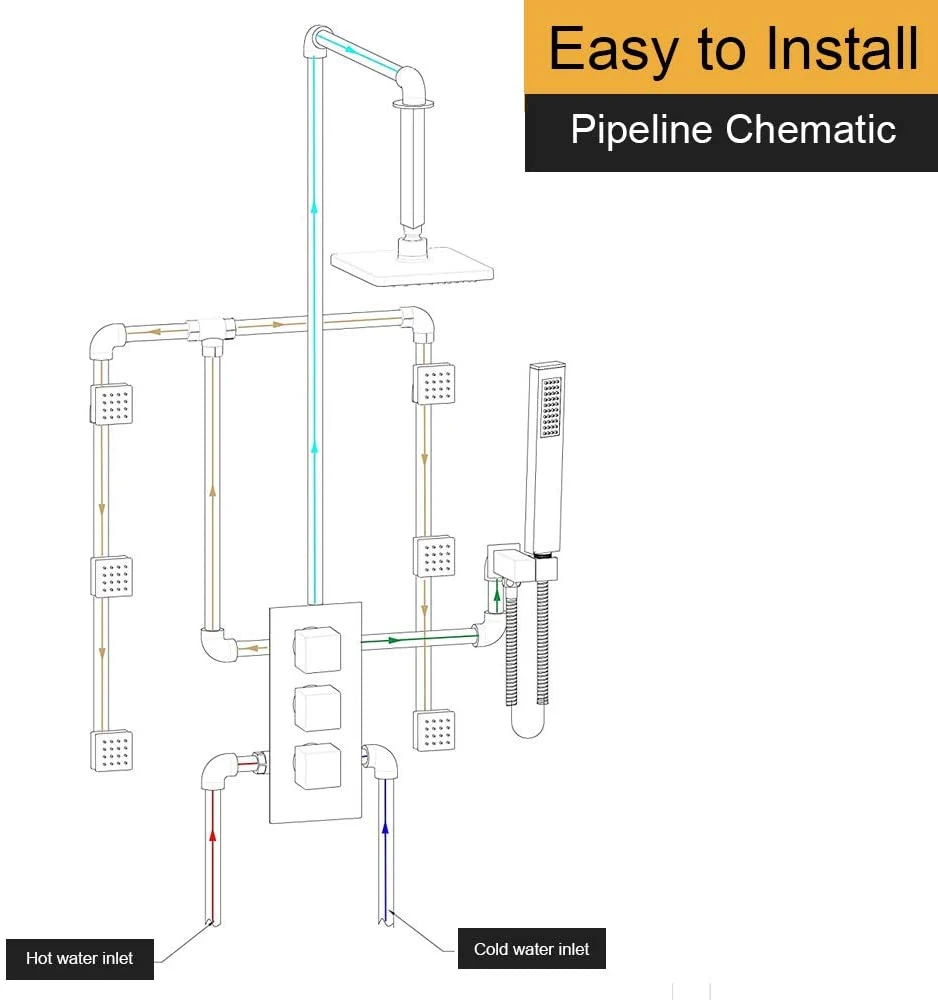 Matte Black Shower System Multi Rain Head, 16 Inch Ceiling Large Rainfall Square Faucet, 6 PCS Full Body Spray Jets, Extra Long Hose Handheld